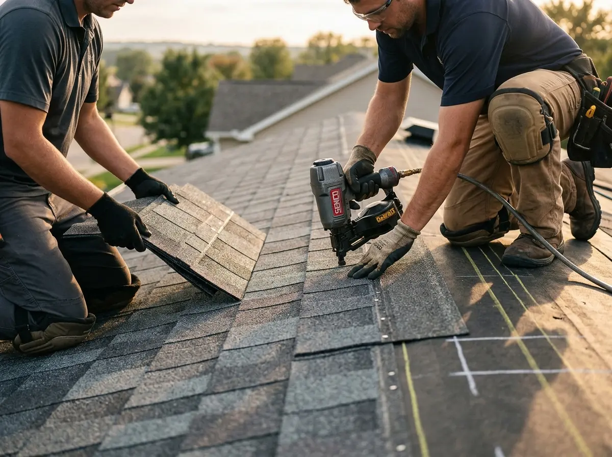 Professional roofer working on a residential roof in Hawaiian Gardens